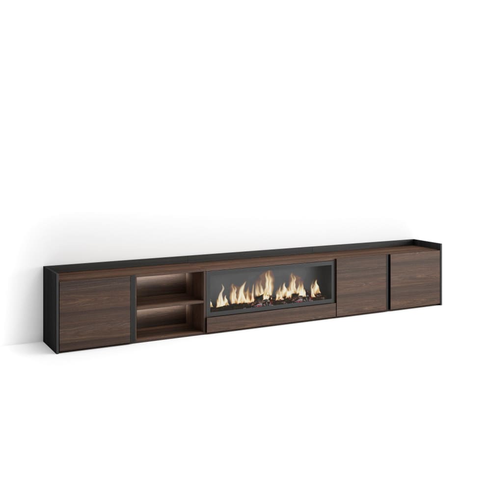 Meuble tv effet bois de chêne et noir 315x35x50cm cheminée effet feu