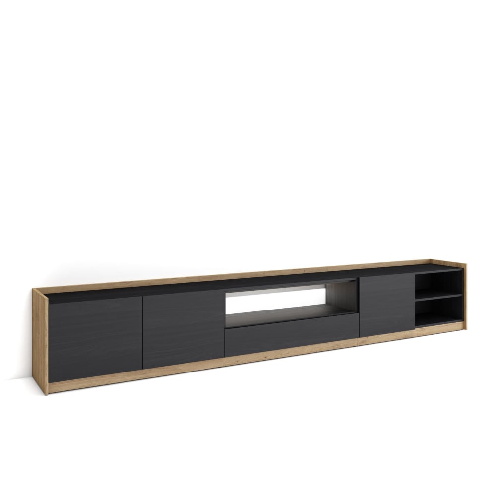 Meuble tv effet bois noir et chêne 310x37x50cm avec led
