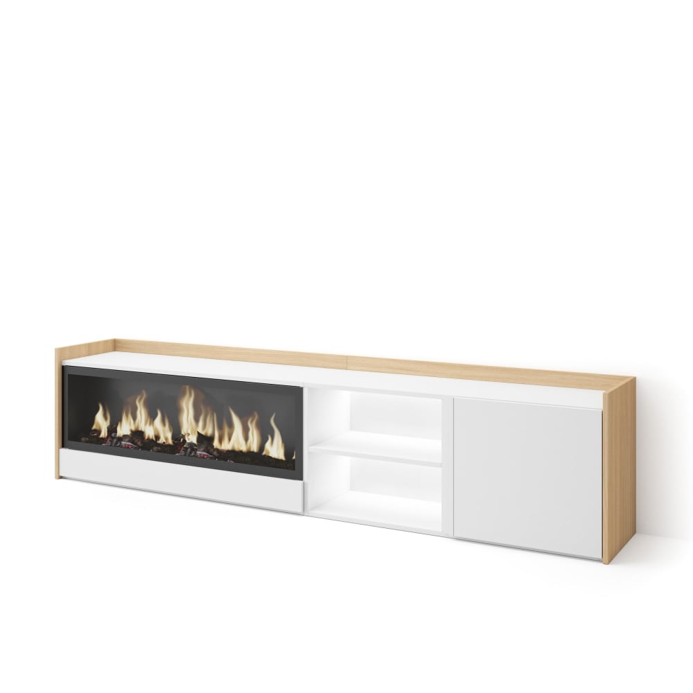 Meuble tv effet bois blanc et chêne 212x35x50cm cheminée effet feu XXL