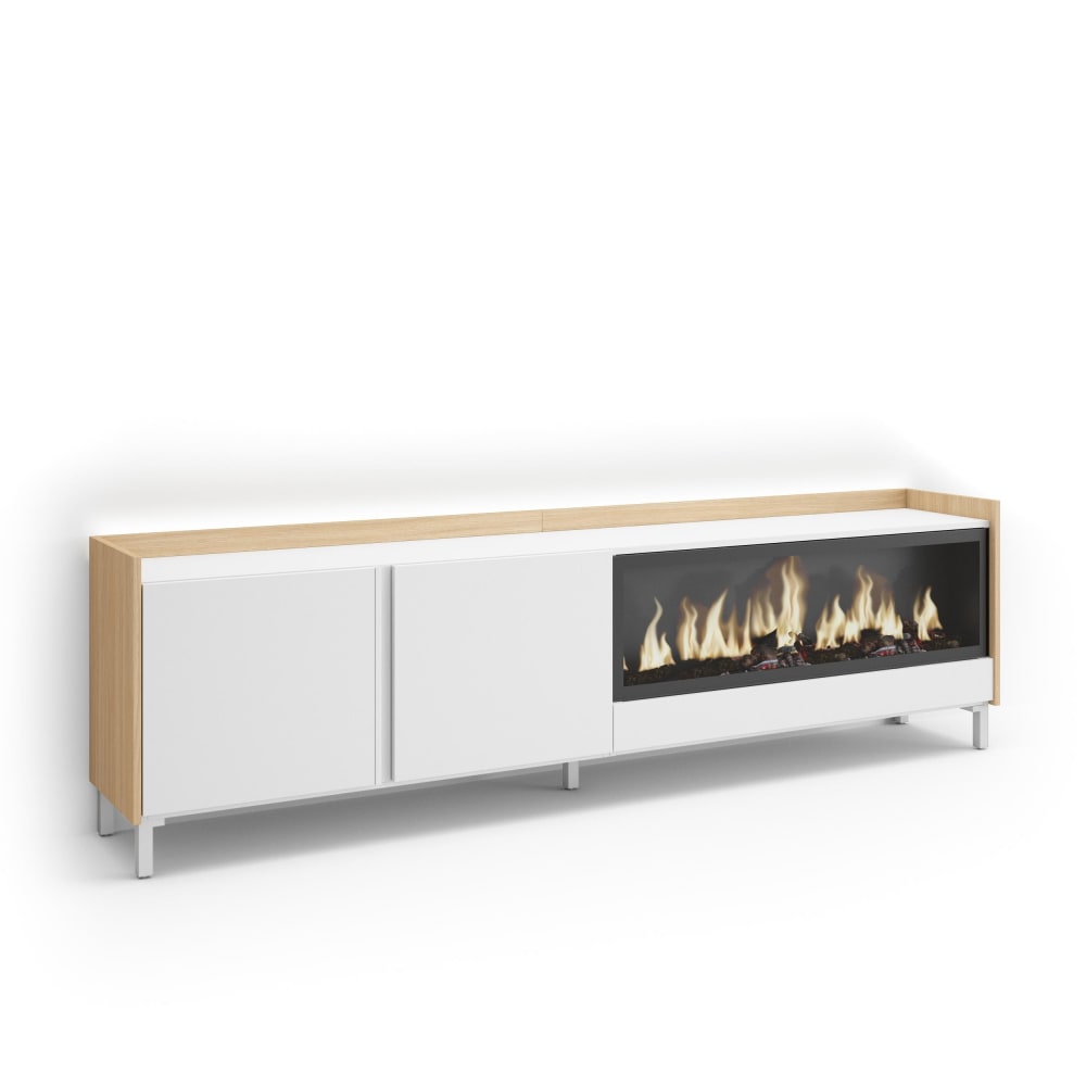 Meuble tv effet bois blanc et chêne 212x35x61cm cheminée effet feu XXL