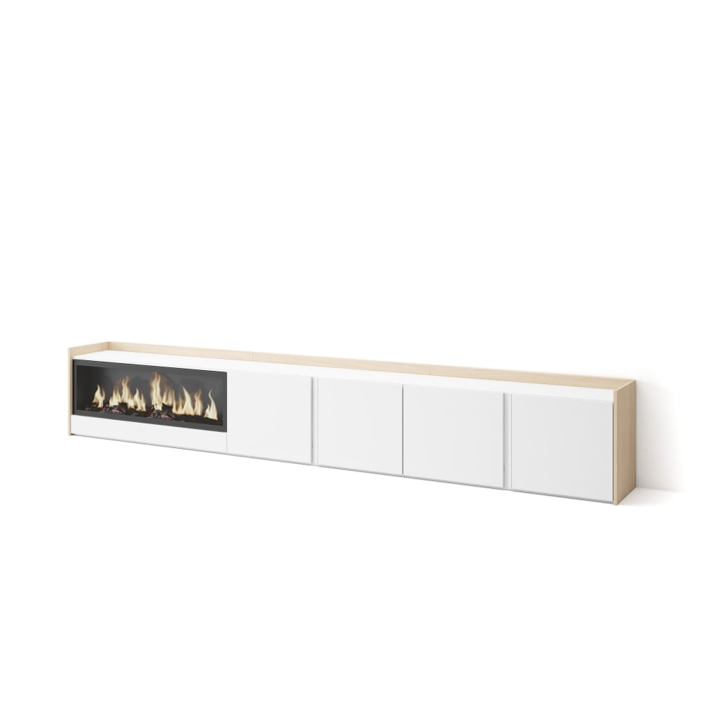 Meuble tv effet bois blanc et chêne 315x35x50cm cheminée effet feu XXL