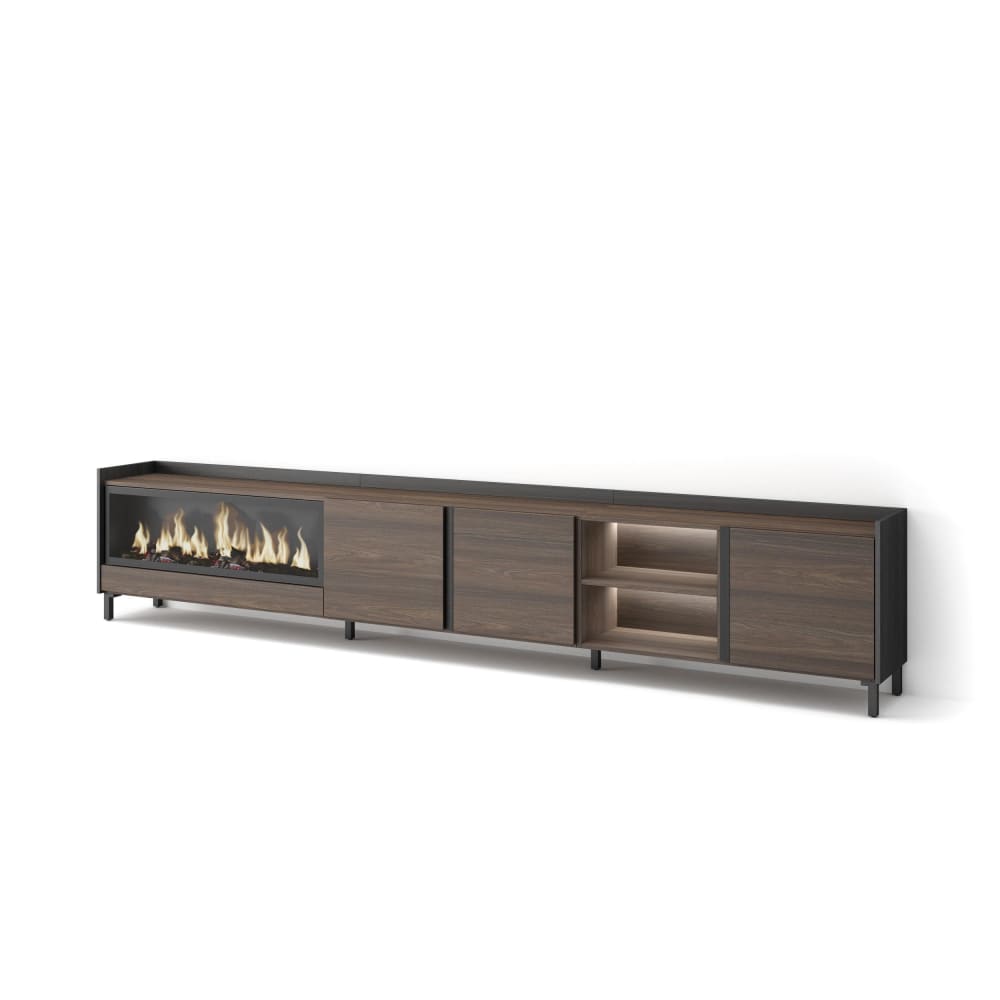 Meuble tv effet bois de chêne et noir 315x35x61cm cheminée effet feu