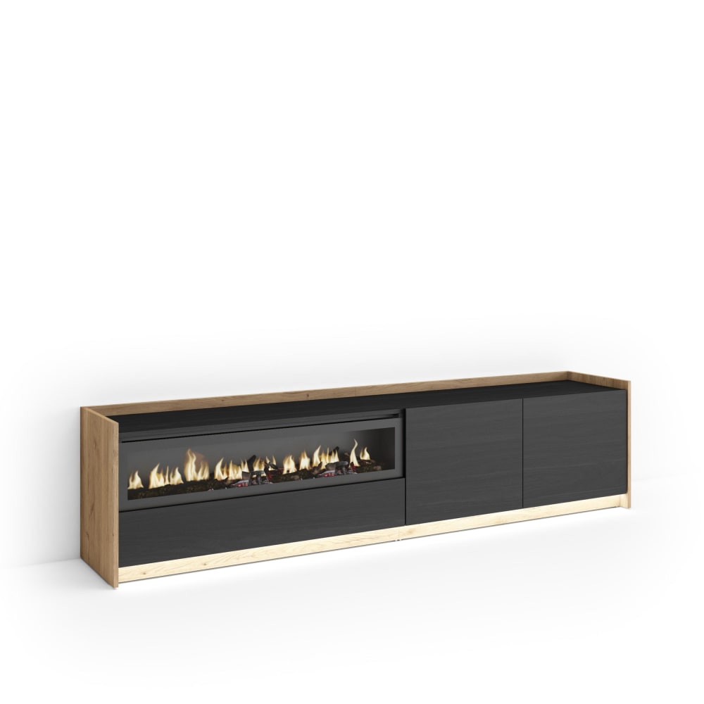 Meuble tv effet bois noir et chêne 207x37x50cm cheminée effet feu