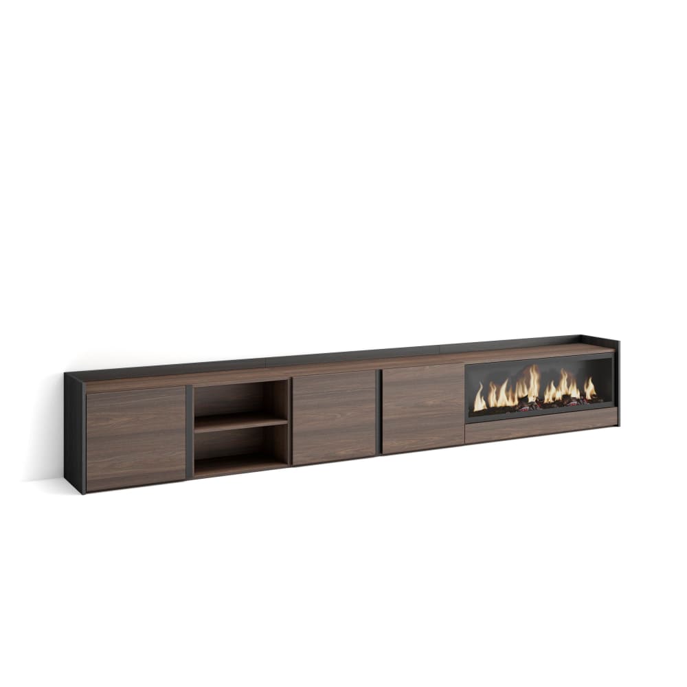 Meuble tv effet bois de chêne et noir 315x35x50cm cheminée effet feu