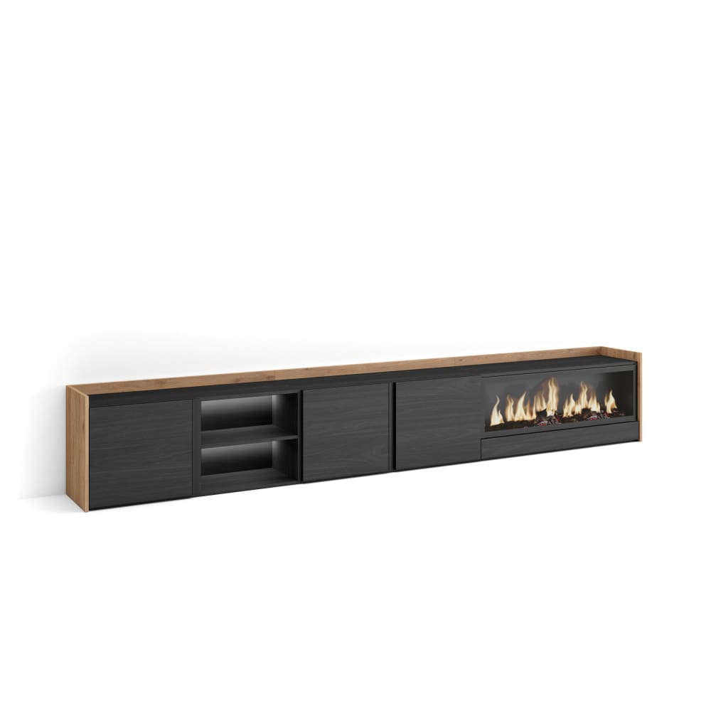 Meuble tv effet bois noir et chêne 315x35x50cm cheminée effet feu XXL