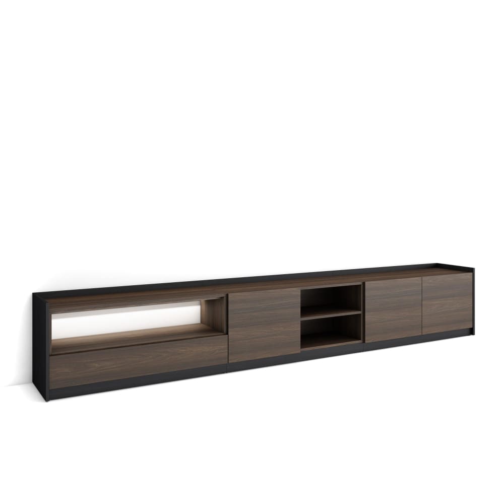 Meuble tv effet bois de chêne foncé et noir 310x37x50cm avec led