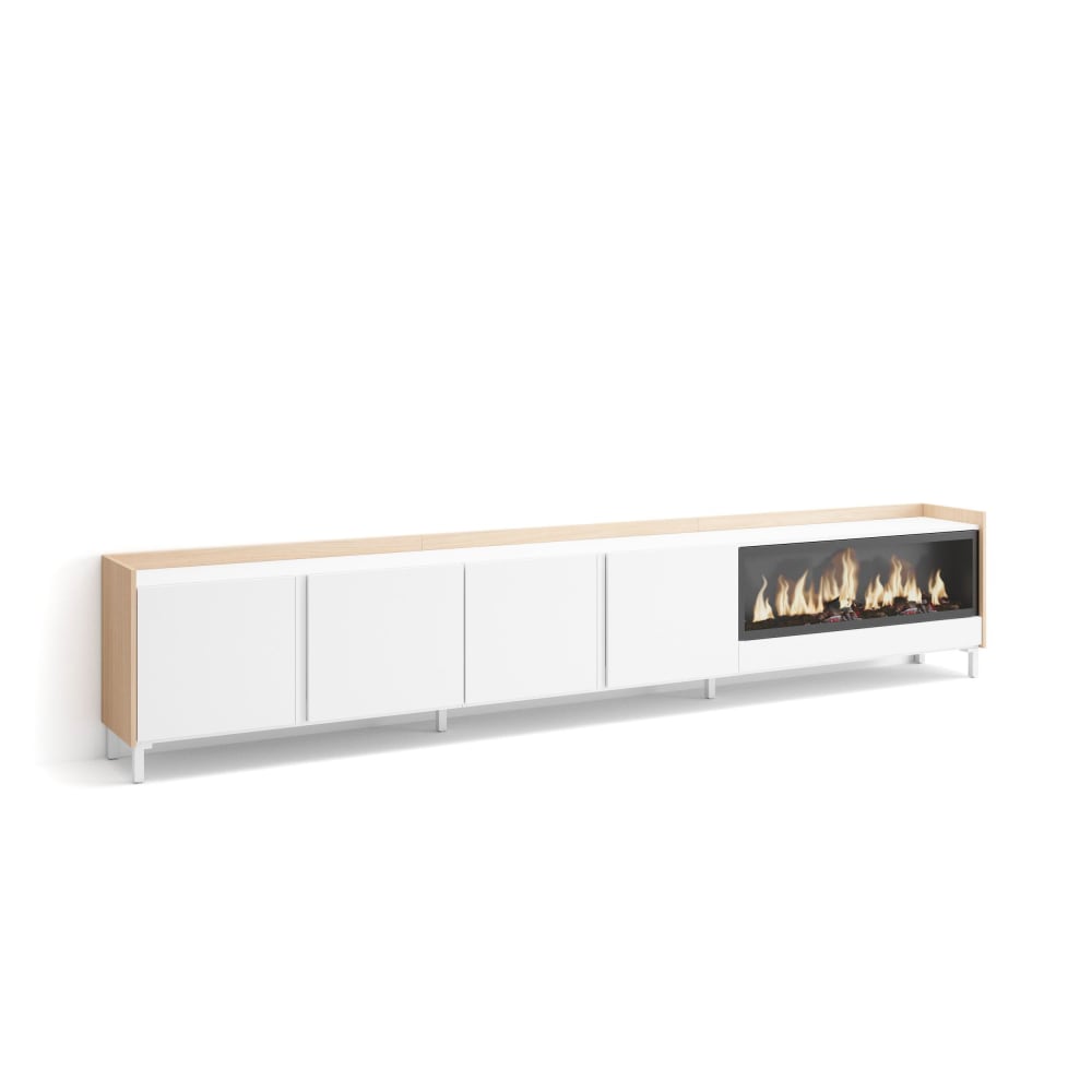 Meuble tv effet bois blanc et chêne 315x35x61cm cheminée effet feu XXL