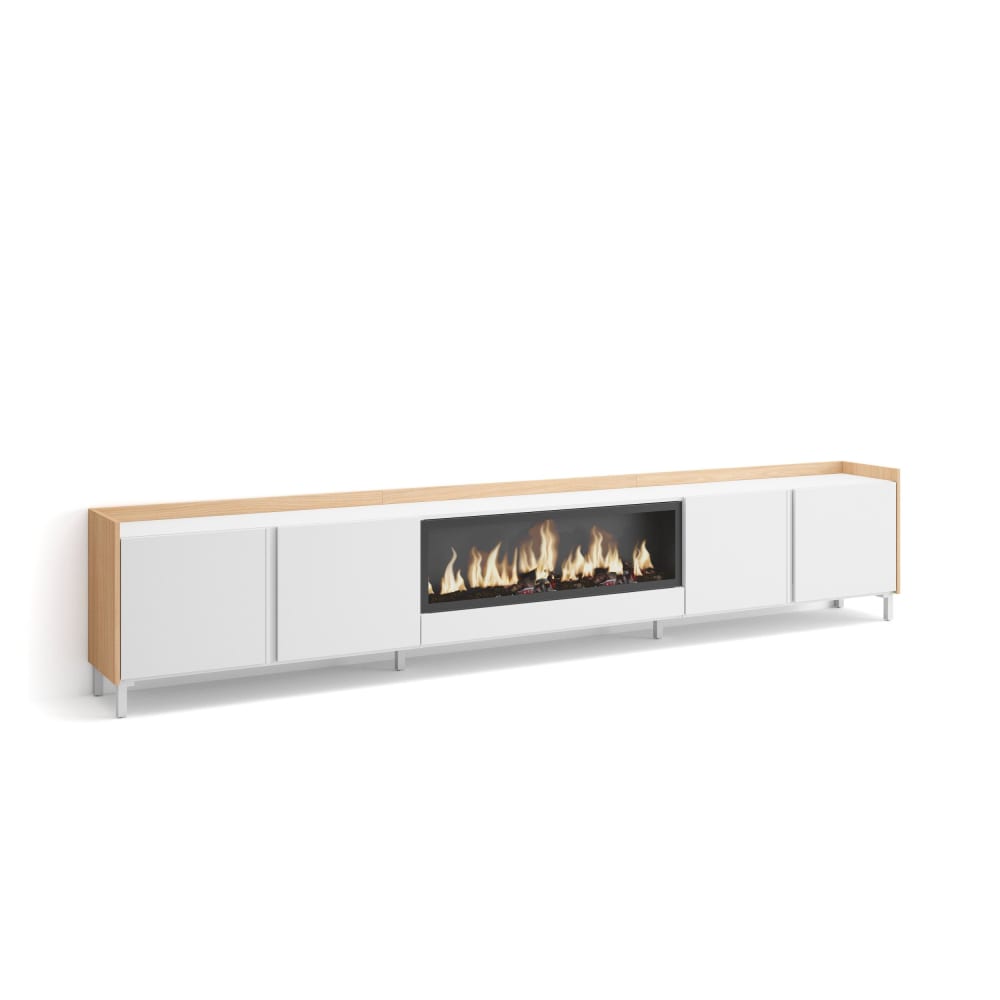 Meuble tv effet bois blanc et chêne 315x35x61cm cheminée effet feu XXL