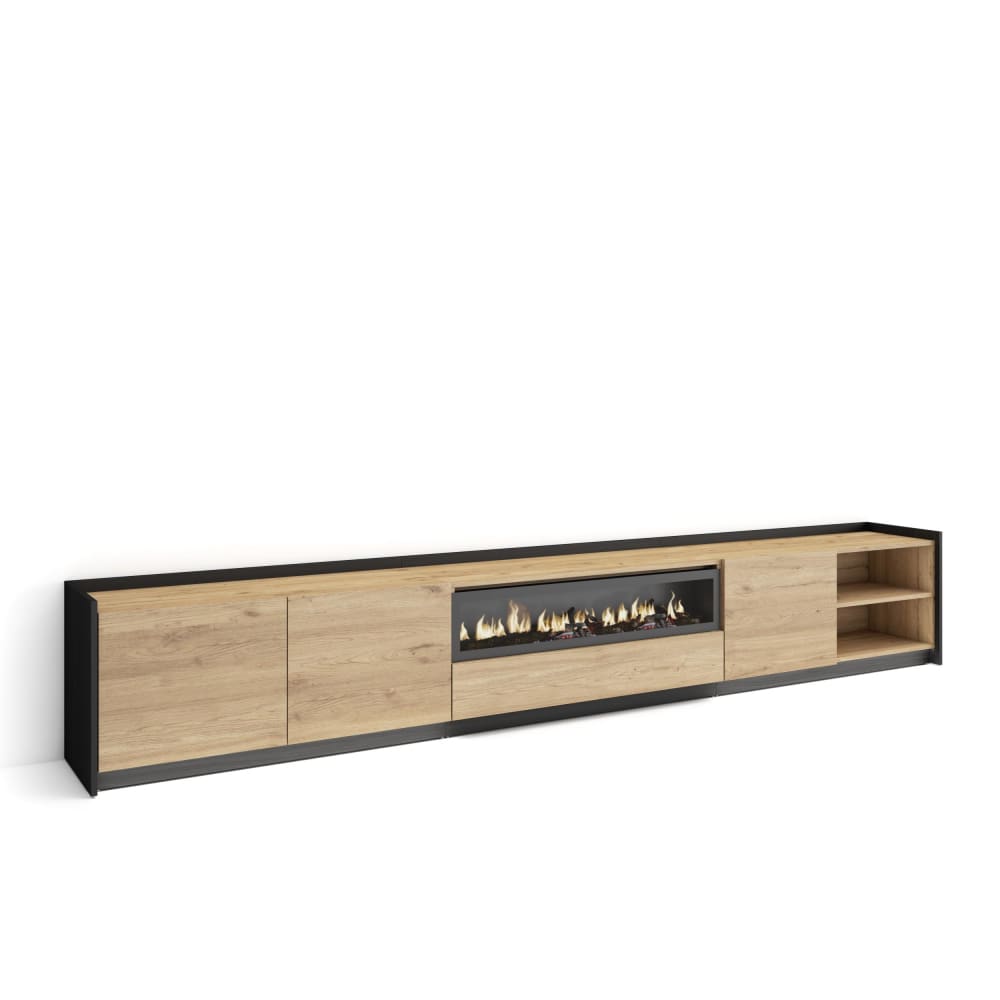 Meuble tv effet bois de chêne et noir 310x37x50cm cheminée effet feu
