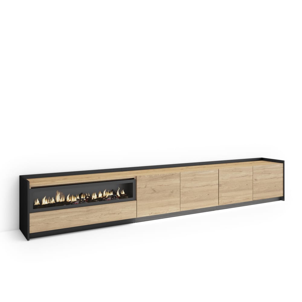 Meuble tv effet bois de chêne et noir 310x37x50cm cheminée effet feu