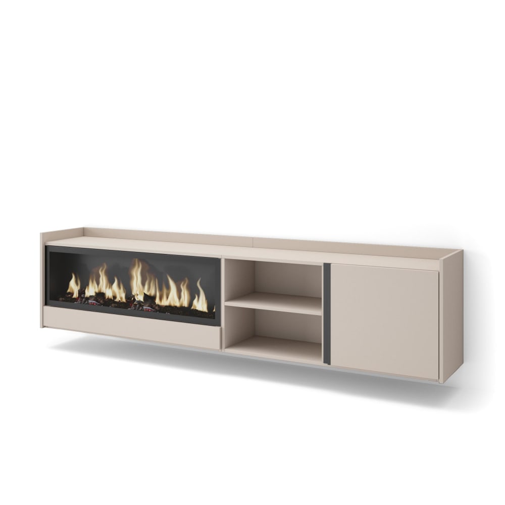 Meuble tv effet bois beige 212x35x50cm cheminée effet feu XXL