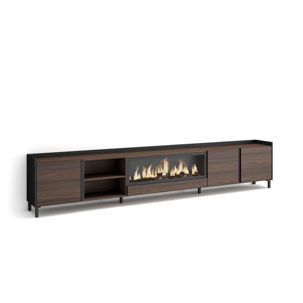 Meuble tv effet bois de chêne et noir 315x35x61cm cheminée effet feu