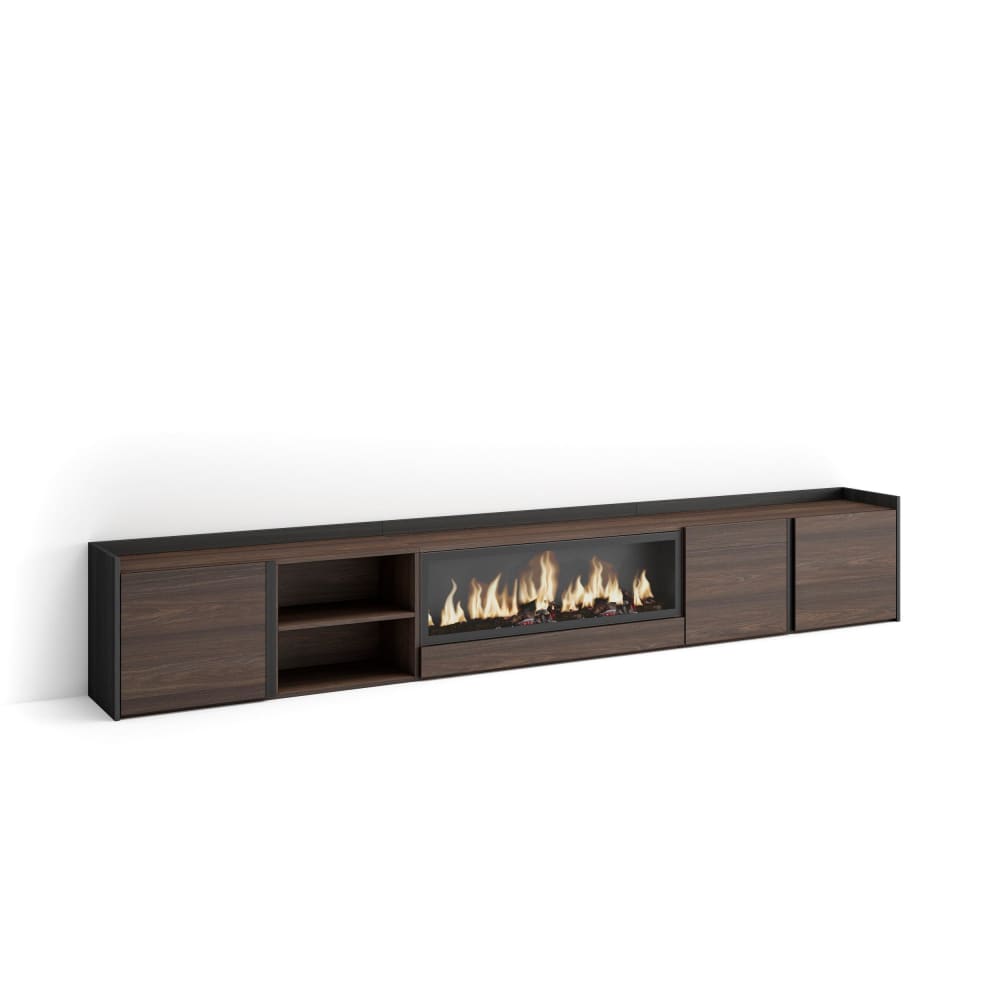 Meuble tv effet bois de chêne et noir 315x35x50cm cheminée effet feu
