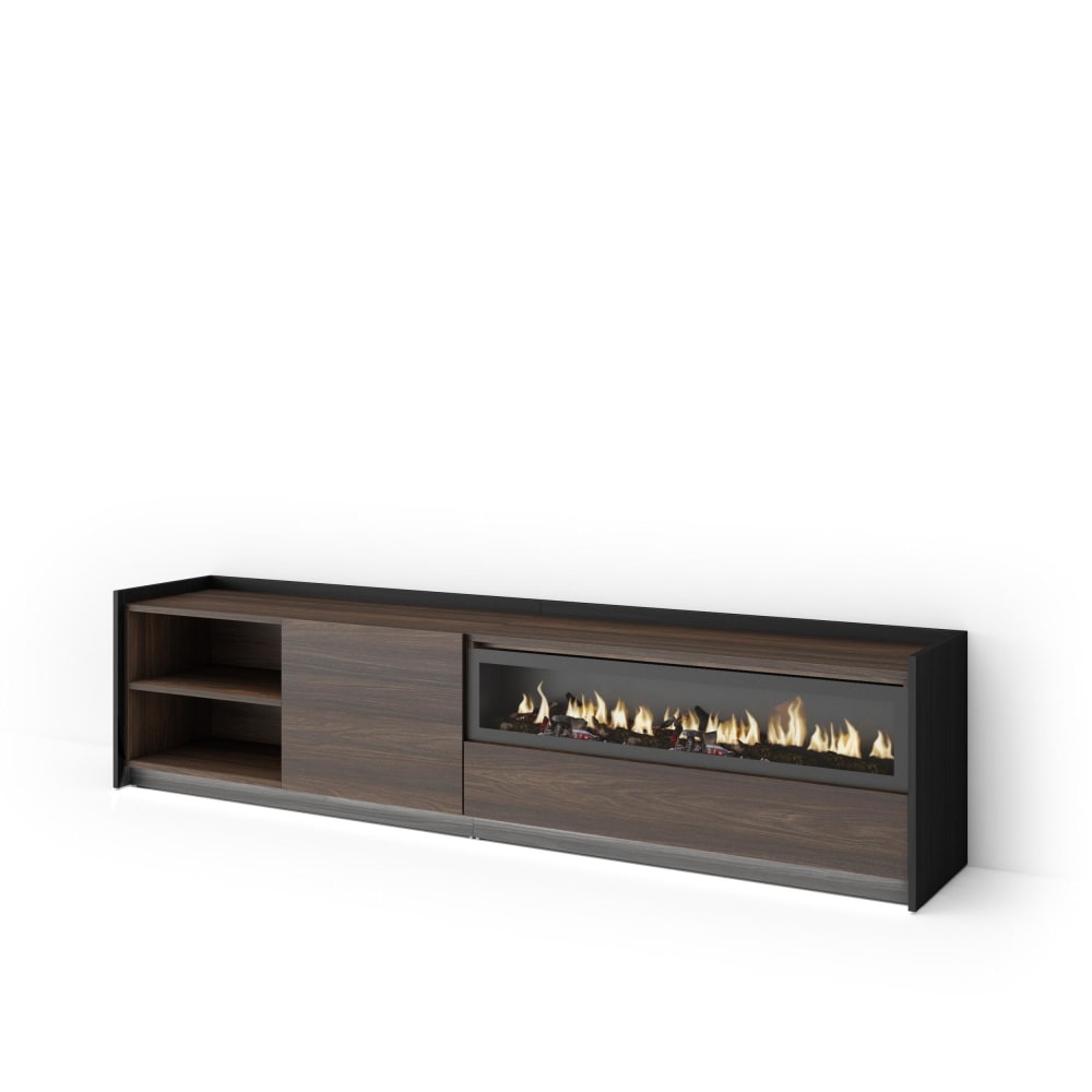 Meuble tv effet bois de chêne et noir 207x37x50cm cheminée effet feu