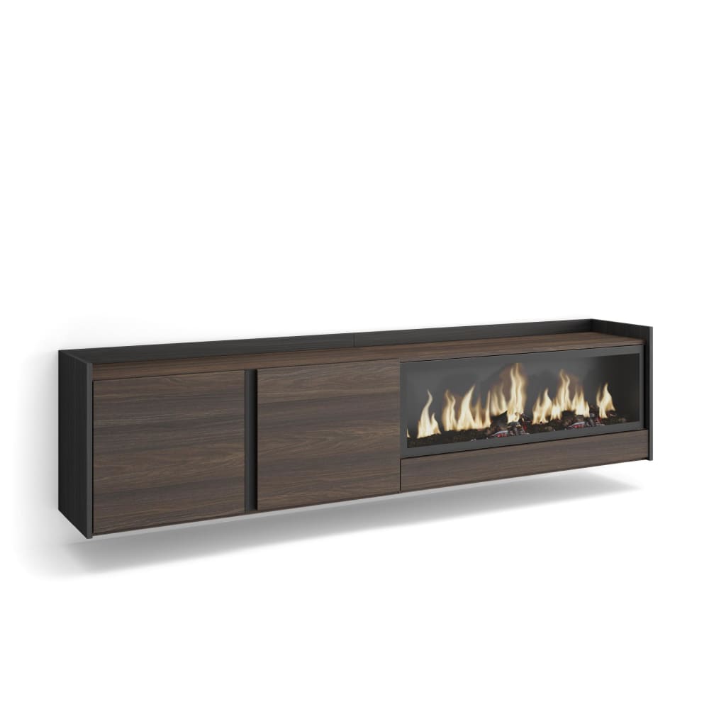 Meuble tv effet bois de chêne et noir 212x35x50cm cheminée effet feu