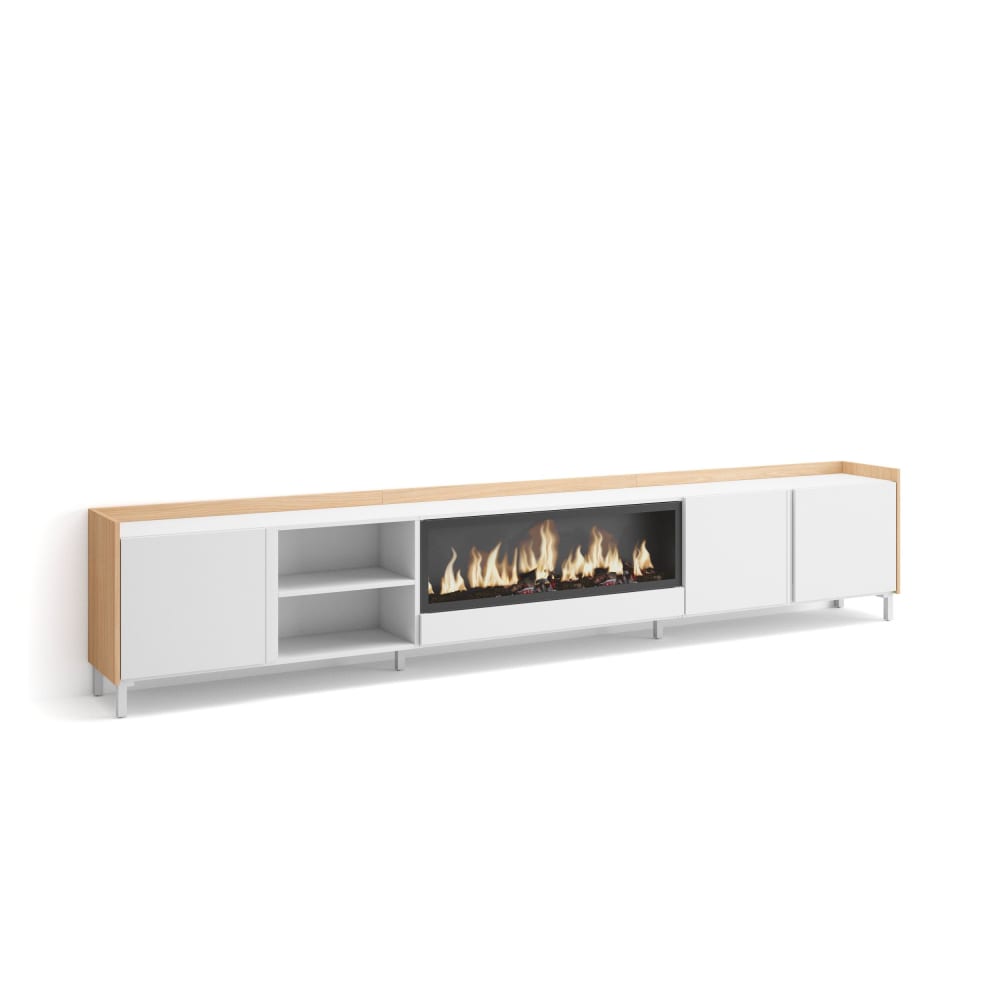 Meuble tv effet bois blanc et chêne 315x35x61cm cheminée effet feu XXL