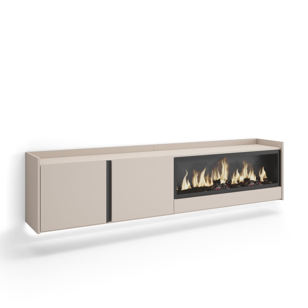 Meuble tv effet bois beige 212x35x50cm cheminée effet feu XXL