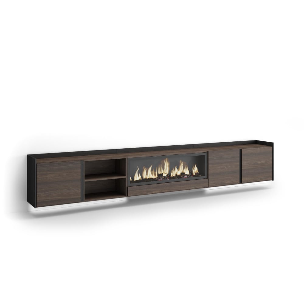 Meuble tv effet bois de chêne et noir 315x35x50cm cheminée effet feu