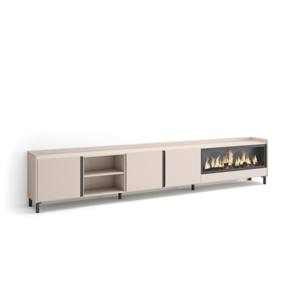 Meuble tv effet bois beige 315x35x61cm cheminée effet feu XXL