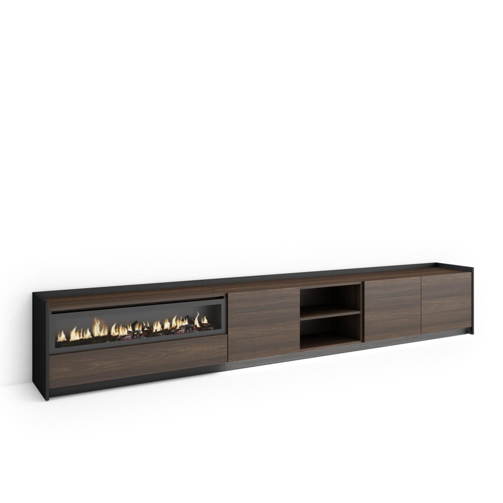 Meuble tv effet bois de chêne et noir 310x37x50cm cheminée effet feu