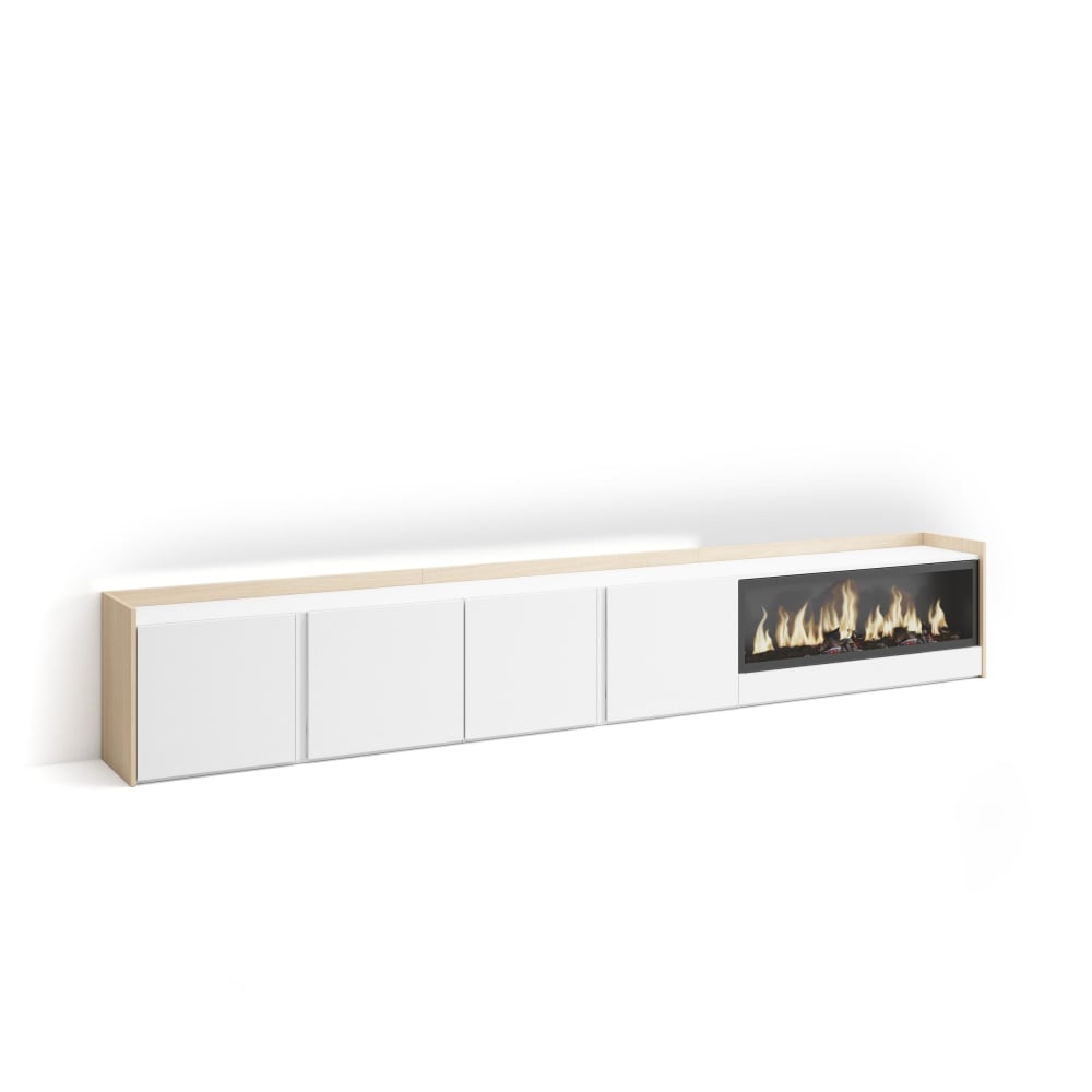 Meuble tv effet bois blanc et chêne 315x35x50cm cheminée effet feu XXL