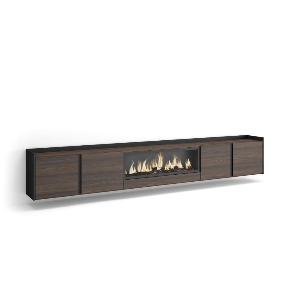 Meuble tv effet bois de chêne et noir 315x35x50cm cheminée effet feu
