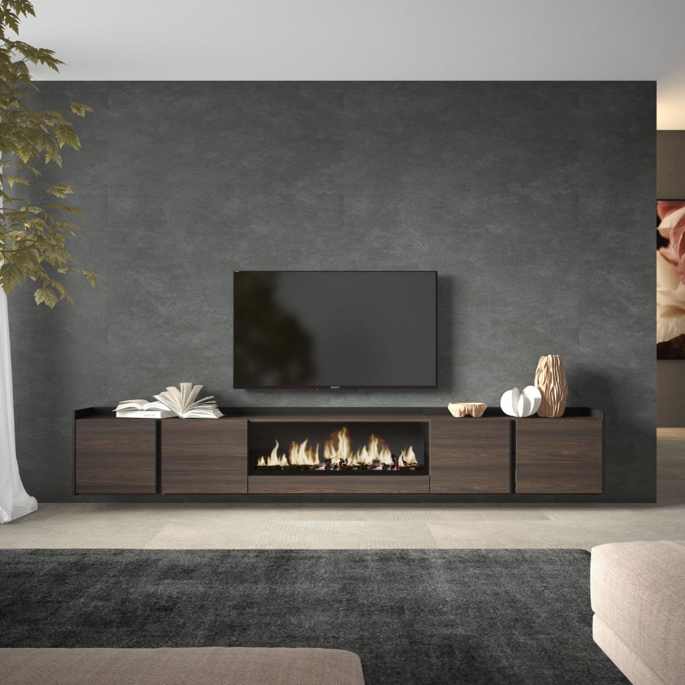 Skraut home TV-Möbel Holzeffekt eiche schwarz 315x35x50cm Kamin mit Feuereffekt style modern Braun Spanplatte