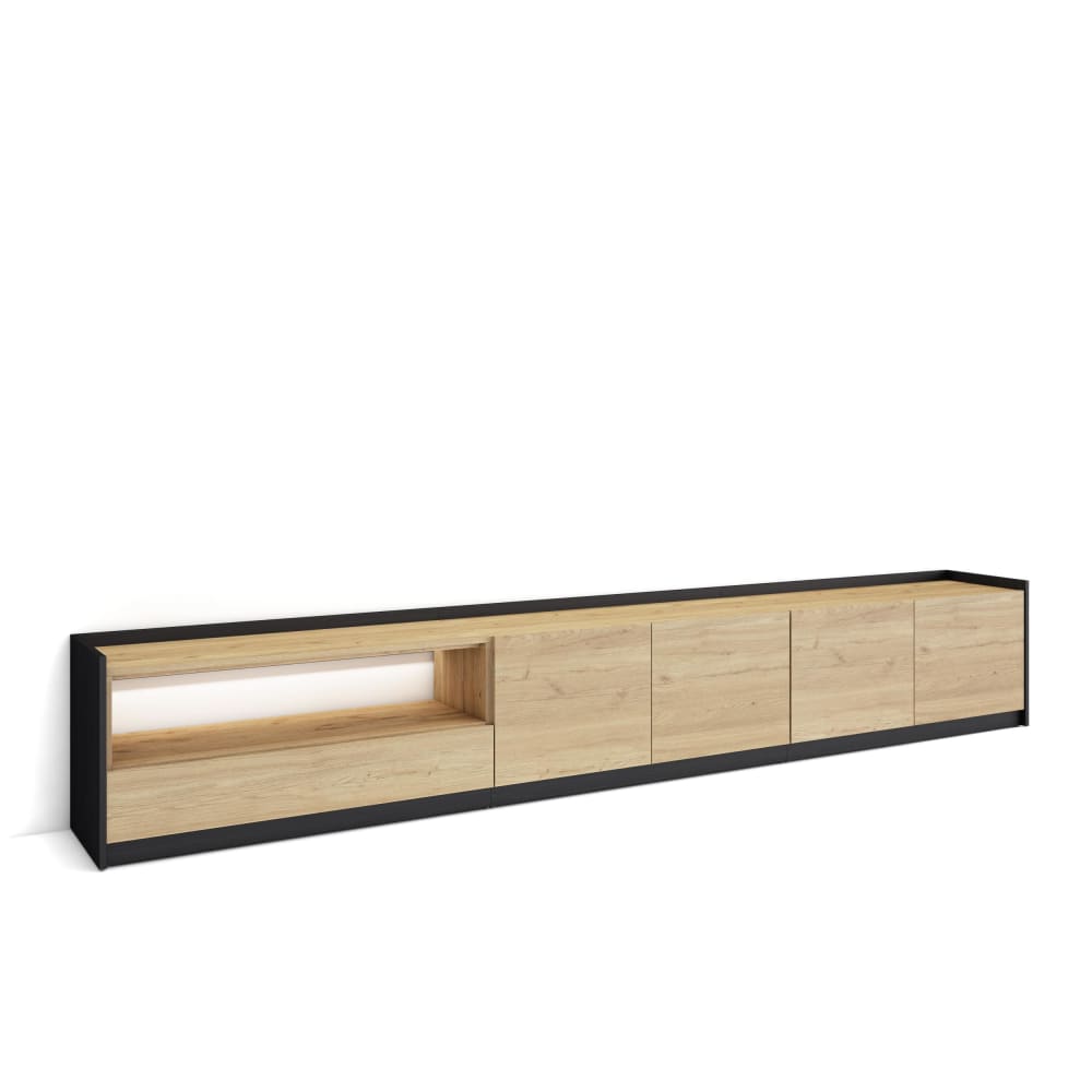 Meuble tv effet bois de chêne et noir 310x37x50cm avec led