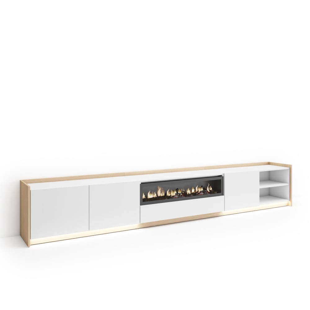 Meuble tv effet bois blanc et chêne 310x37x50cm cheminée effet feu