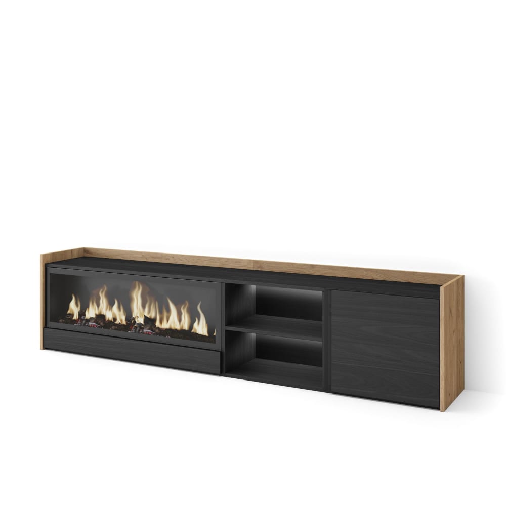 Meuble tv effet bois noir et chêne 212x35x50cm cheminée effet feu XXL