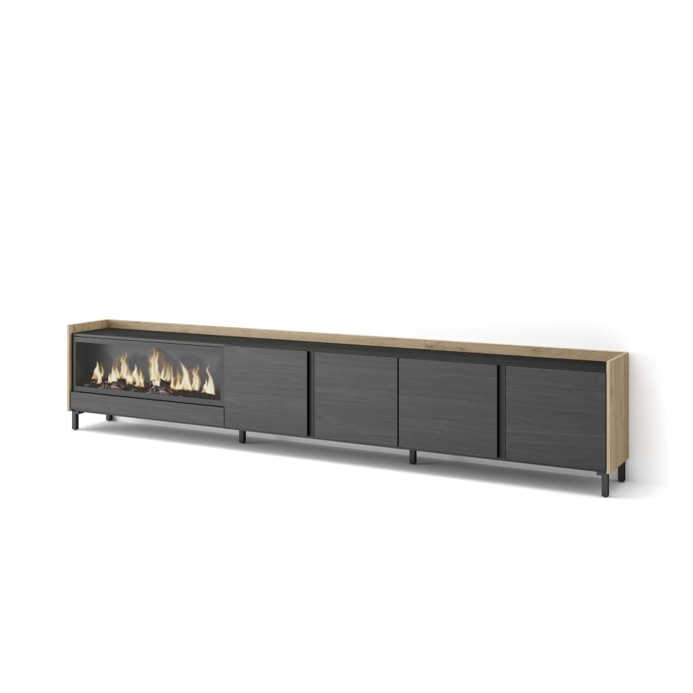 Meuble tv effet bois noir et chêne 315x35x61cm cheminée effet feu XXL