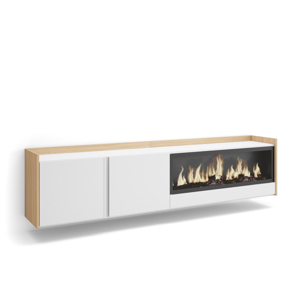 Meuble tv effet bois blanc et chêne 212x35x50cm cheminée effet feu XXL