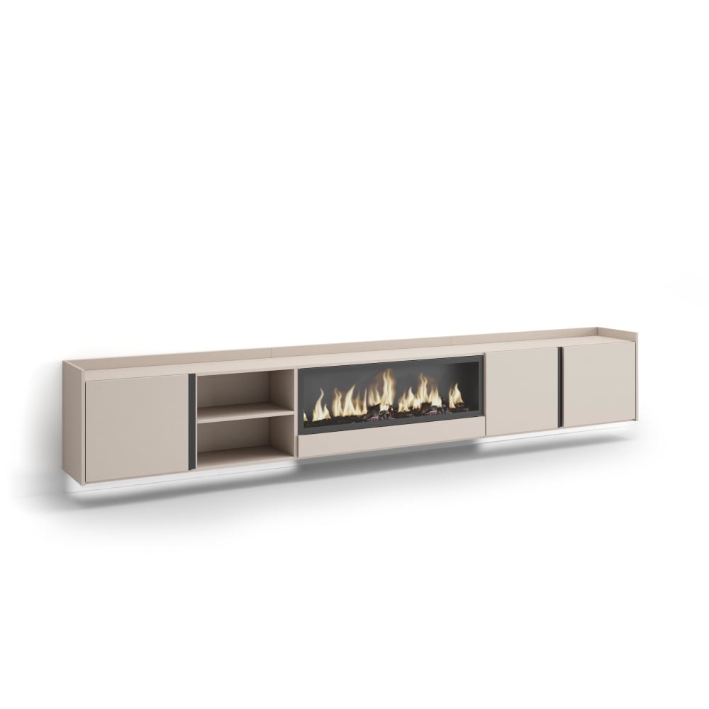 Meuble tv effet bois beige 315x35x50cm cheminée effet feu XXL