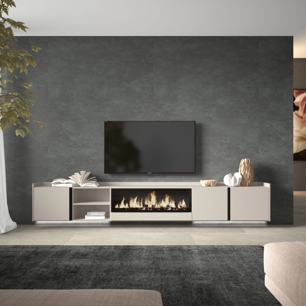 Skraut home TV-Möbel Holzeffekt beige 315x35x50cm Kamin mit Feuereffekt XXL style modern - Spanplatte