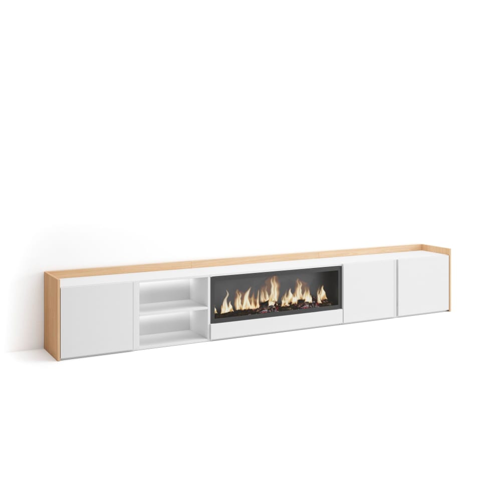 Meuble tv effet bois blanc et chêne 315x35x50cm cheminée effet feu XXL