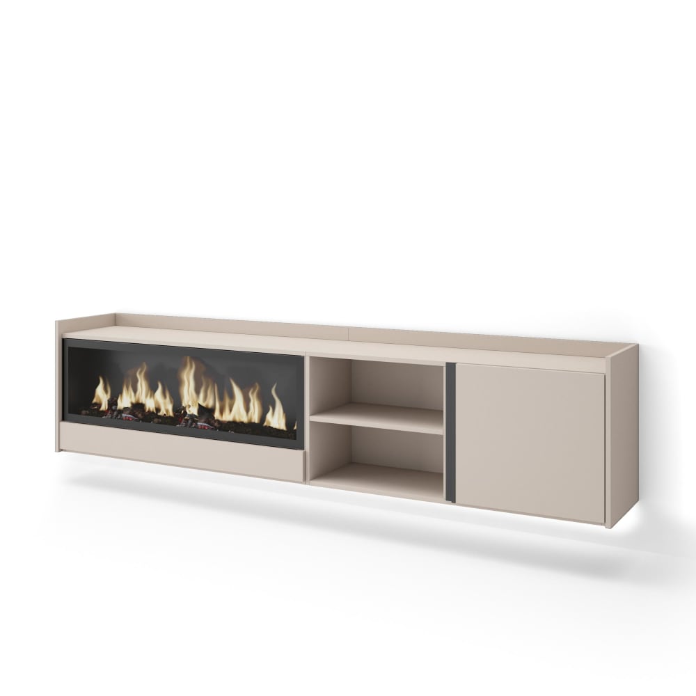 Meuble tv effet bois beige 212x35x50cm cheminée effet feu XXL