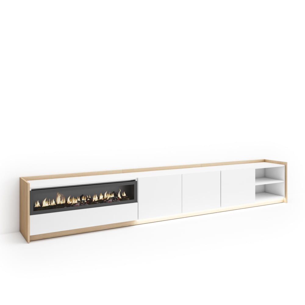 Meuble tv effet bois blanc et chêne 310x37x50cm cheminée effet feu