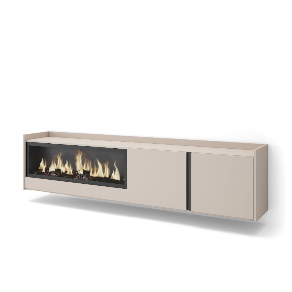 Meuble tv effet bois beige 212x35x50cm cheminée effet feu XXL