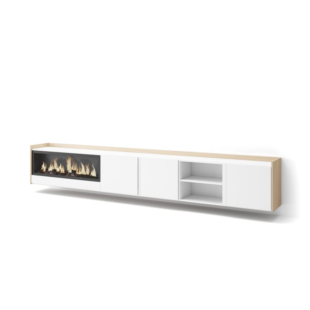 Meuble tv effet bois blanc et chêne 315x35x50cm cheminée effet feu XXL