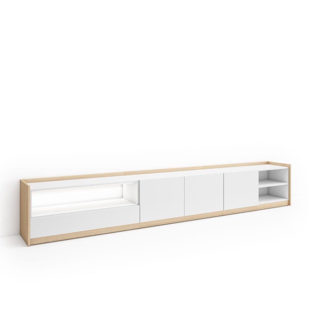 Meuble tv effet bois blanc et chêne 310x37x50cm avec led
