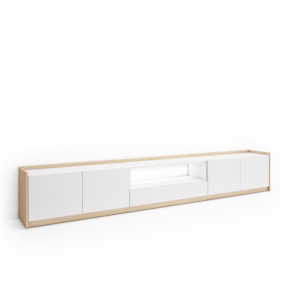 Meuble tv effet bois blanc et chêne 310x37x50cm avec led