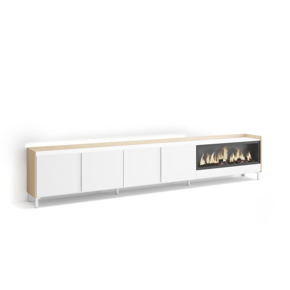 Meuble tv effet bois blanc et chêne 315x35x61cm cheminée effet feu XXL