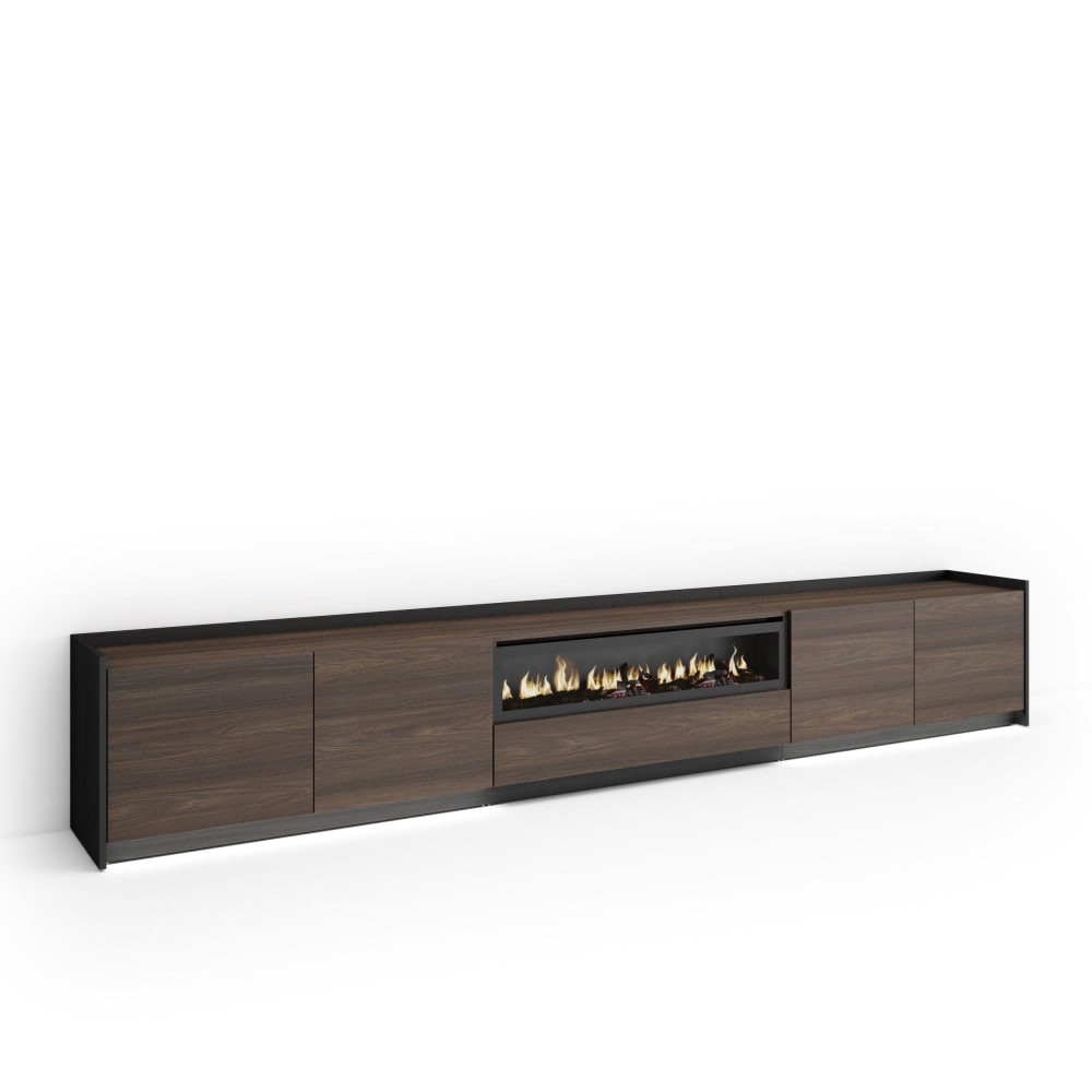 Meuble tv effet bois de chêne et noir 310x37x50cm cheminée effet feu