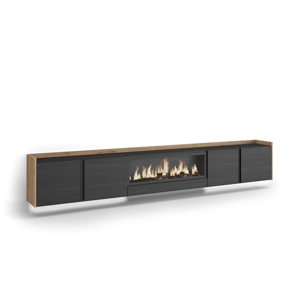Meuble tv effet bois noir et chêne 315x35x50cm cheminée effet feu XXL