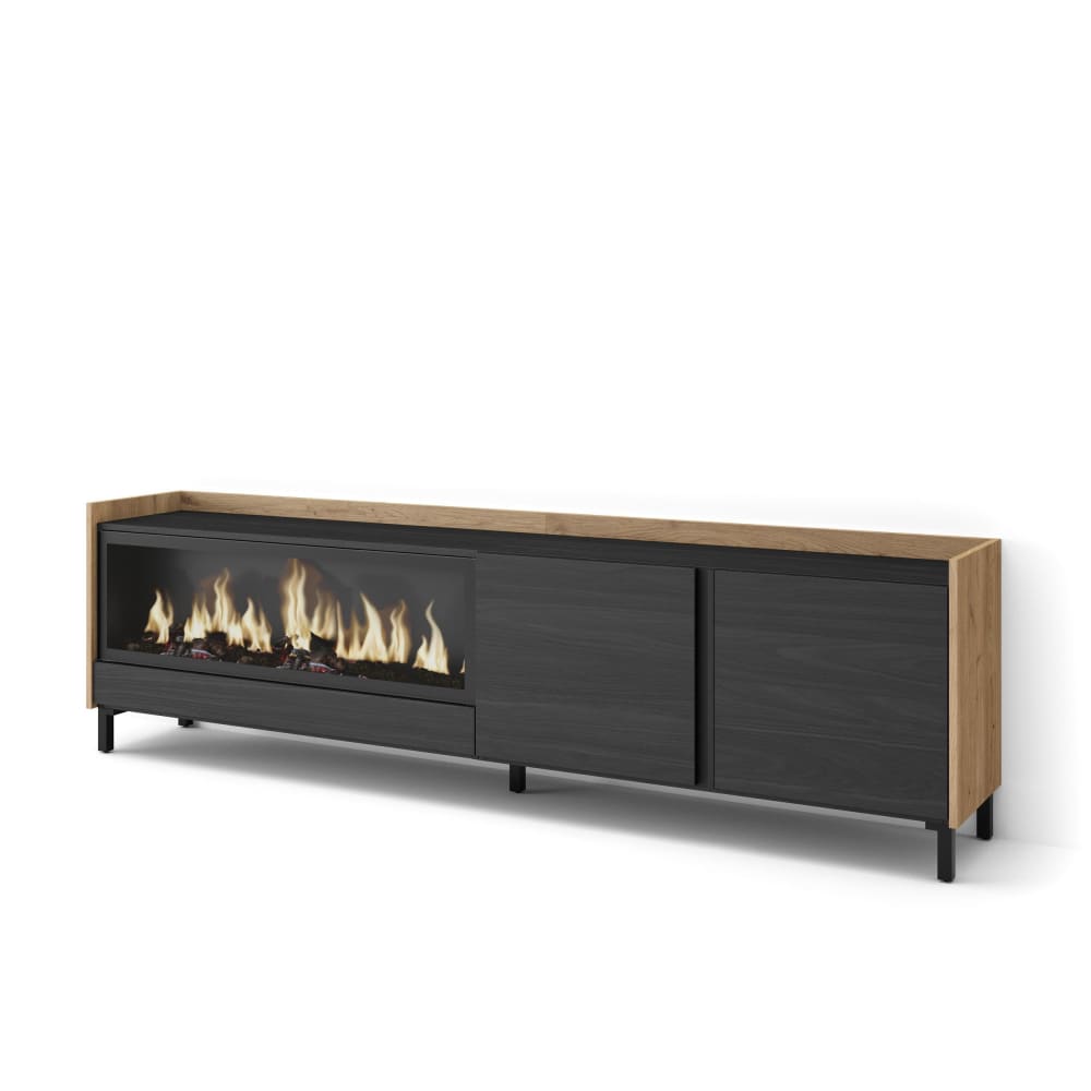 Meuble tv effet bois noir et chêne 212x35x61cm cheminée effet feu XXL