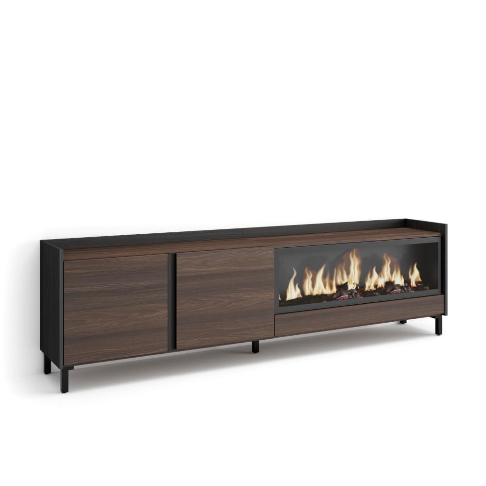 Meuble tv effet bois de chêne et noir 212x35x61cm cheminée effet feu