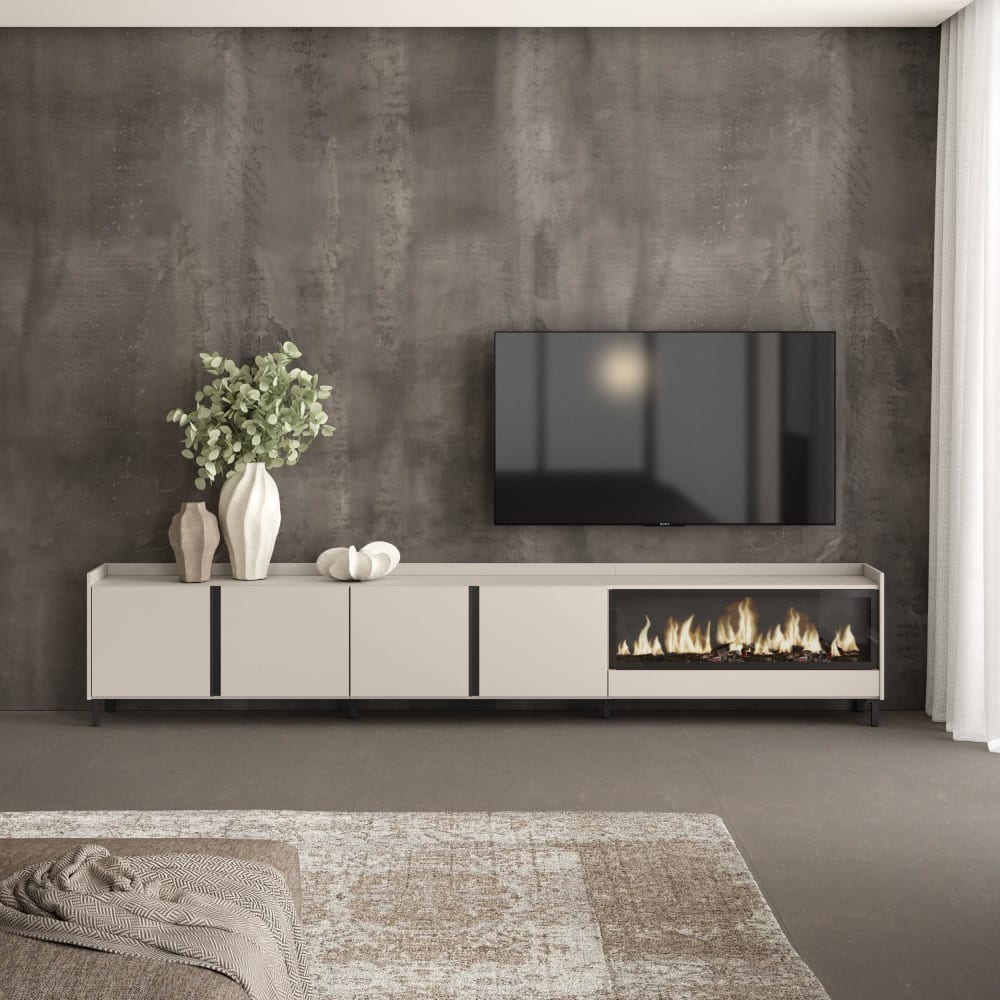 Skraut home TV-Möbel Holzeffekt beige 315x35x61cm Kamin mit Feuereffekt XXL style modern - Spanplatte