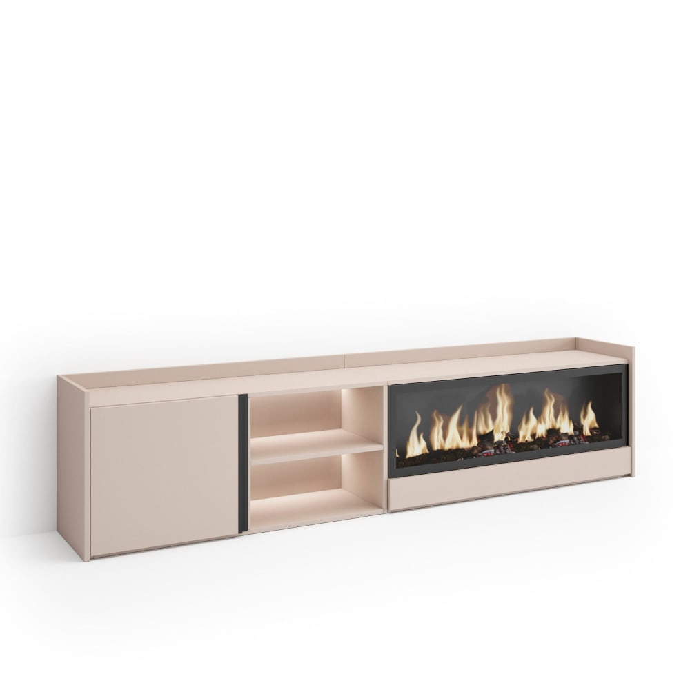 Meuble tv effet bois beige 212x35x50cm cheminée effet feu XXL