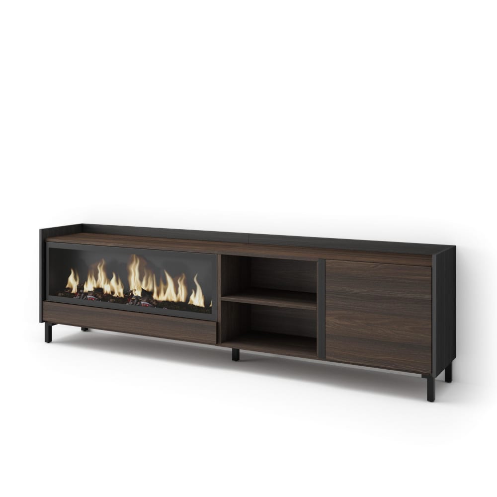Meuble tv effet bois de chêne et noir 212x35x61cm cheminée effet feu