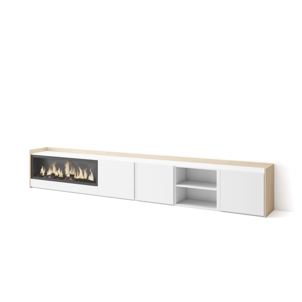 Meuble tv effet bois blanc et chêne 315x35x50cm cheminée effet feu XXL